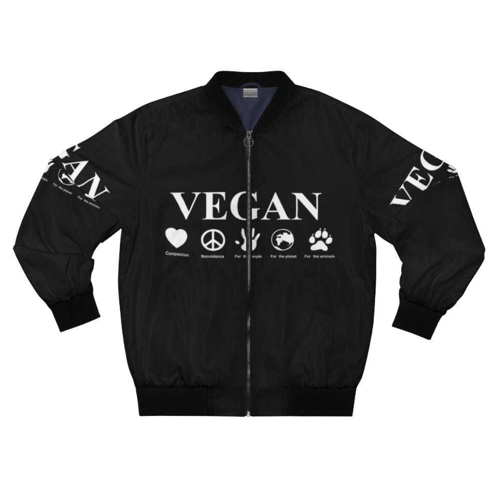 Vegan bomber jacket with text "Go Vegan" and animal-friendly design