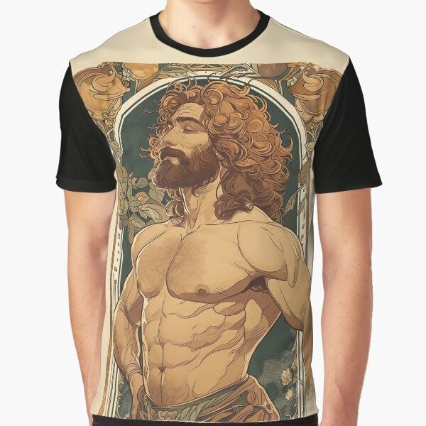 A graphic t-shirt featuring a cute, hairy man in an Art Nouveau style design inspired by Alphonse Mucha and Gustav Klimt.