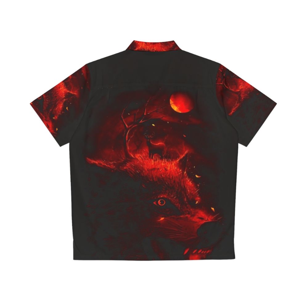 Red Hawaiian shirt with animal prints, nature, and night sky motifs - Back