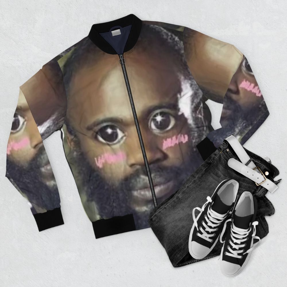 A kawaii-style bomber jacket featuring the death grips MC Ride character - Flat lay