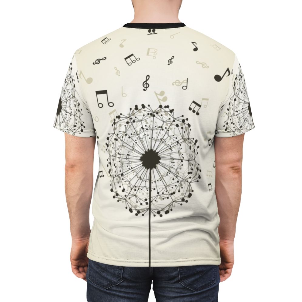 A t-shirt design featuring a dandelion flower with musical notes, representing the harmony between nature and music. - men back