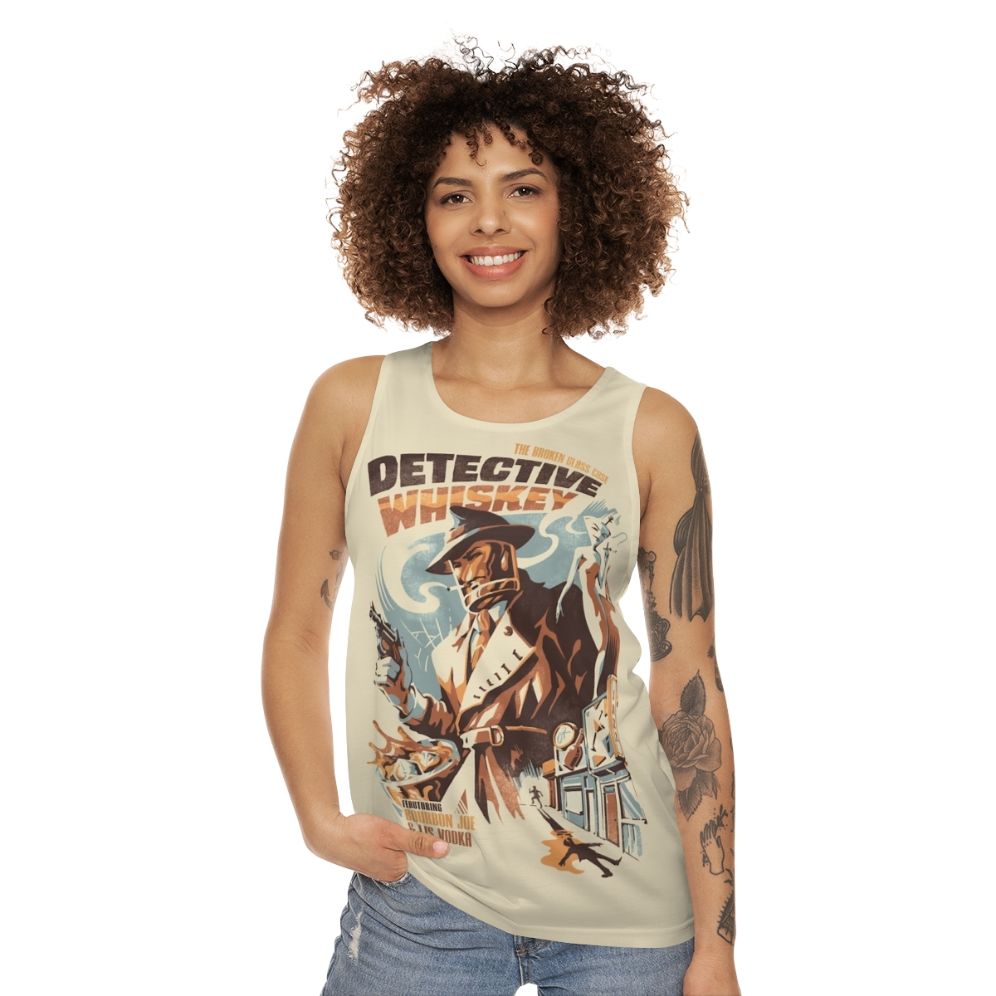 Unisex tank top with detective and whiskey design - women