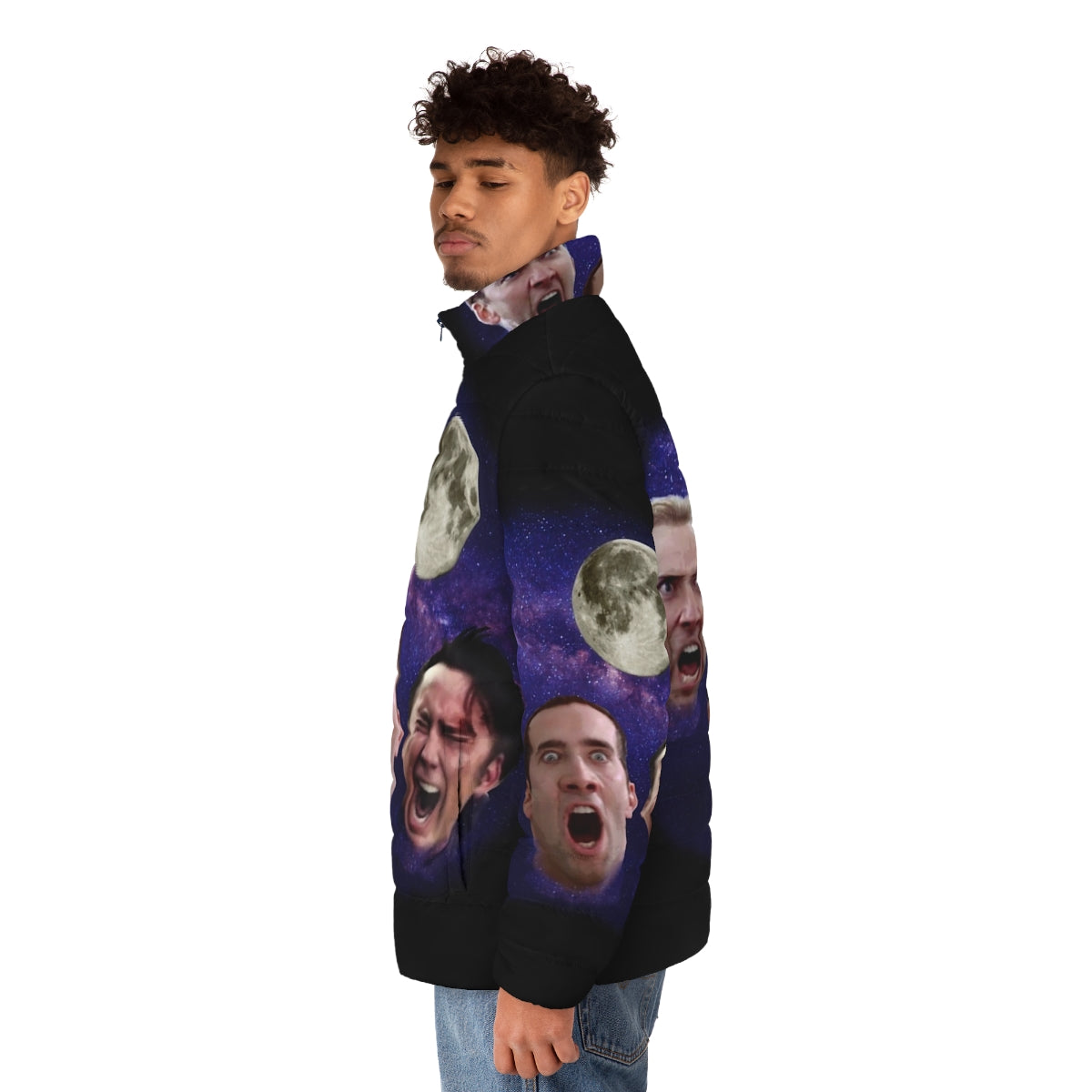 Three Cage Moon Puffer Jacket featuring a hilarious Nicolas Cage meme design - men side left