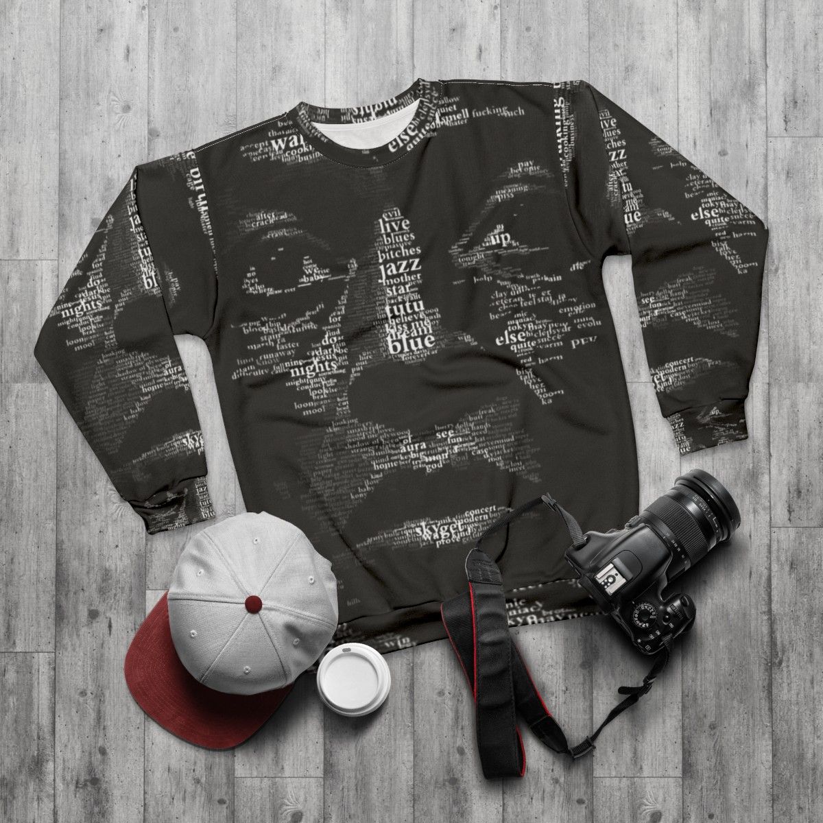 Stylish jazz-inspired sweatshirt featuring a music theme - flat lay