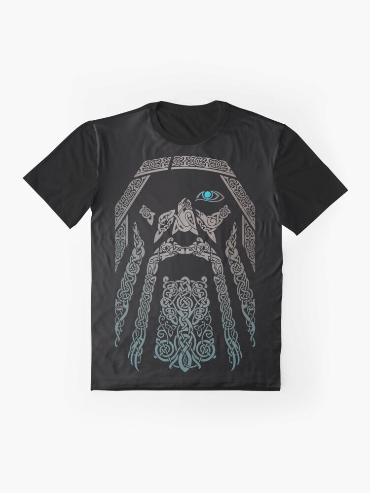 Odin, the Norse god, featured in a mystical, tribal-inspired graphic design on a grey t-shirt. - Flat lay