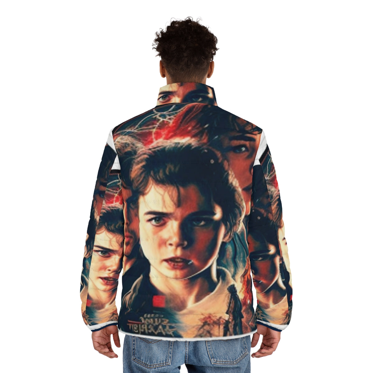 Stranger Things inspired retro puffer jacket with 80s sci-fi design - men back