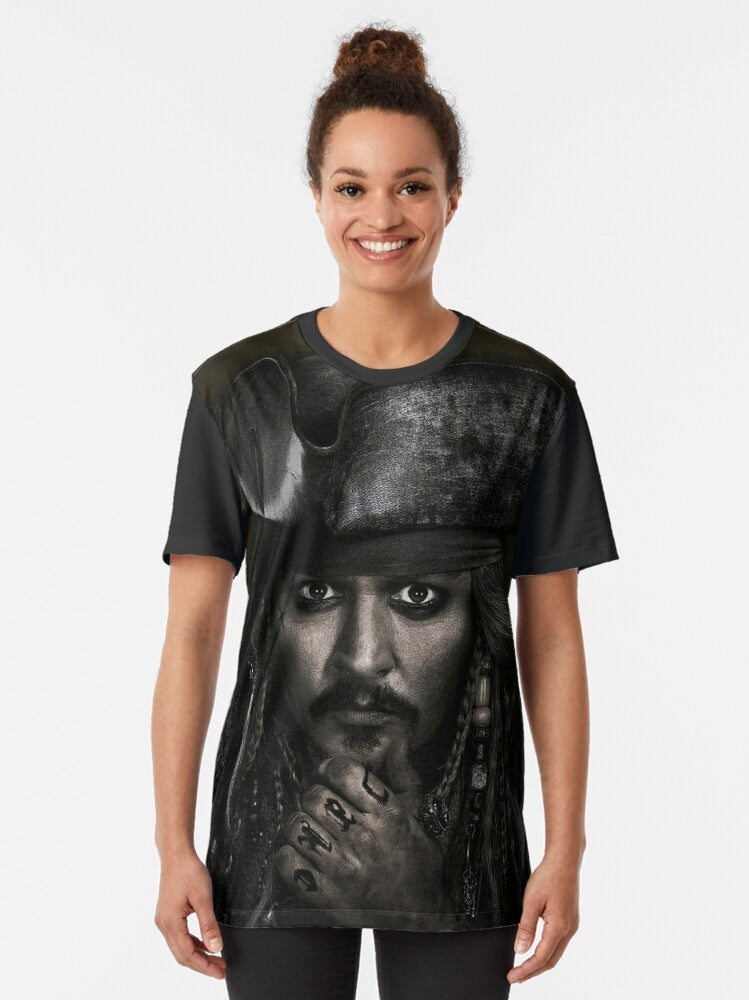 A graphic t-shirt featuring Captain Jack Sparrow, played by actor Johnny Depp, from the Pirates of the Caribbean movies. - Women