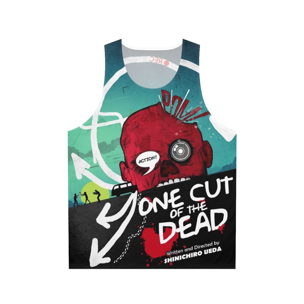 One Cut of the Dead unisex tank top featuring a zombies parody design