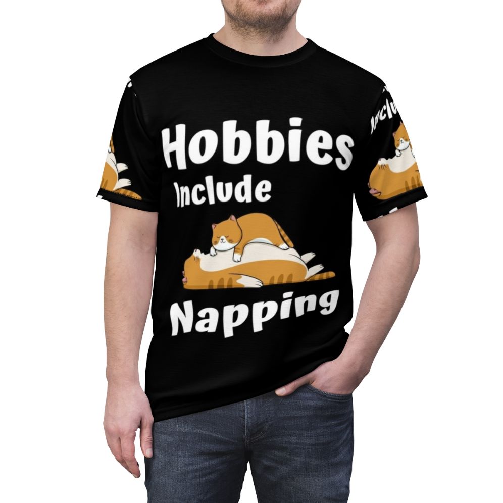 Cozy T-shirt with "Hobbies Include Napping" design - men front