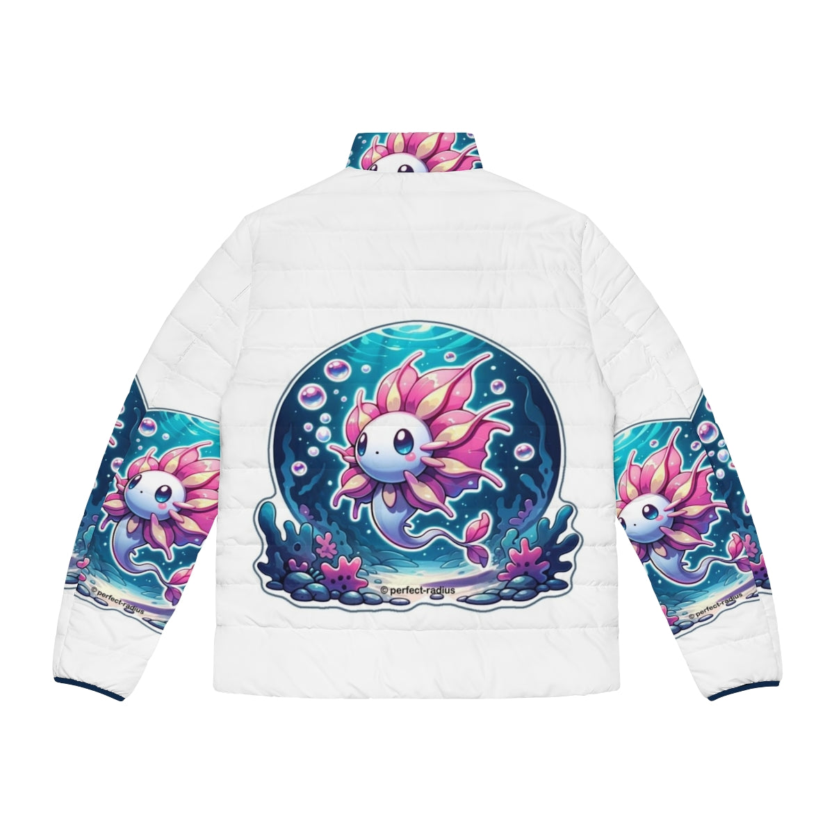 Puffer jacket featuring a whimsical petal fish, a mythical aquatic creature - Back