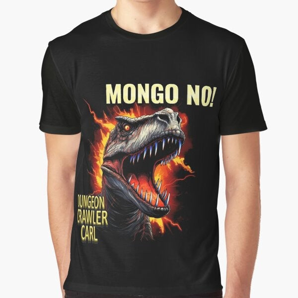 Dungeon Crawler Carl "Mongo!" graphic t-shirt featuring a velociraptor donut design