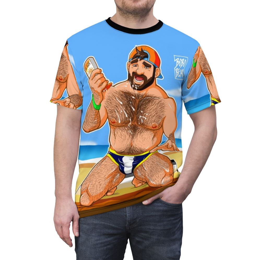 A vibrant and stylish T-shirt featuring a gay bear with a bearded and muscular design, perfect for embracing your pride and enjoying the summer sun. - men front