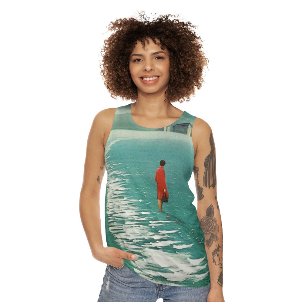 Unisex tank top with dystopian landscape and retro futuristic urban decay - women