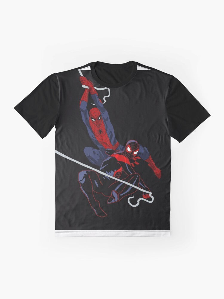 Spider-Man: Into the Spider-Verse inspired graphic t-shirt featuring Peter Parker and Miles Morales - Flat lay