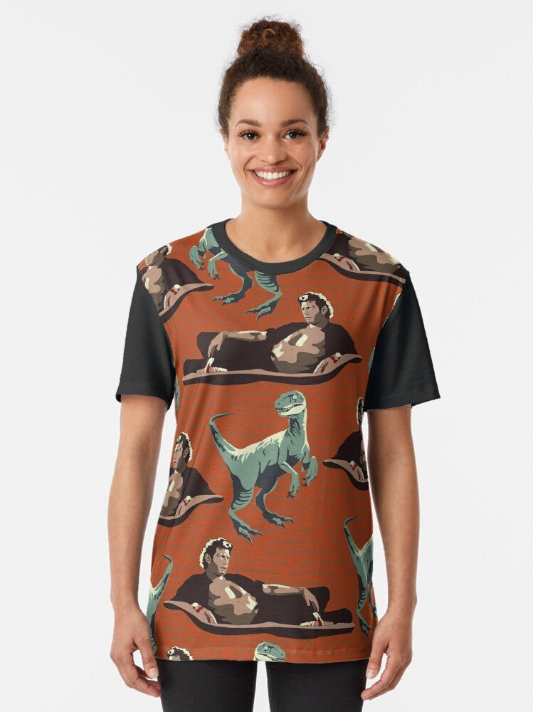 Jurassic Geniuses Graphic T-Shirt featuring a Jurassic Park inspired design with dinosaur DNA sequence pattern and Jeff Goldblum's character. - Women