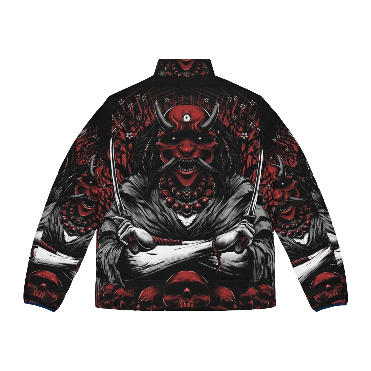 Oni Puffer Jacket featuring Japanese folklore demon and sakura flowers - Back