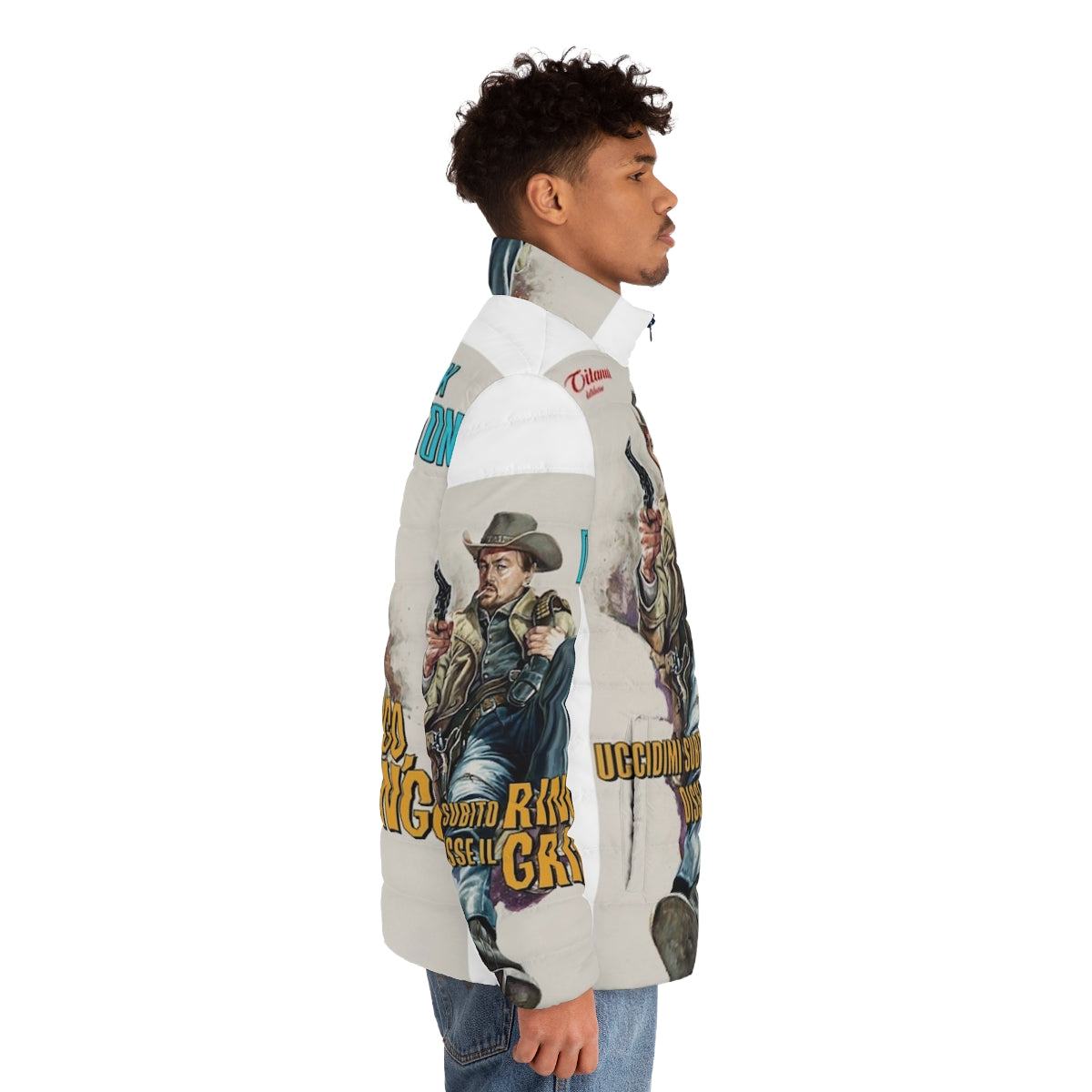 Once Upon a Time in Hollywood Puffer Jacket featuring Leonardo DiCaprio and Quentin Tarantino inspired design - men side right