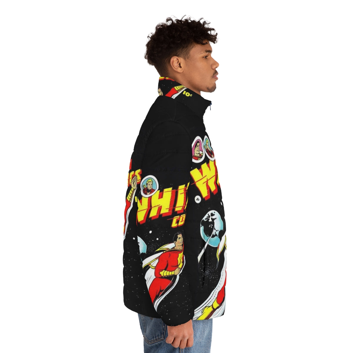 Golden age comic puffer jacket with vintage superhero design - men side right