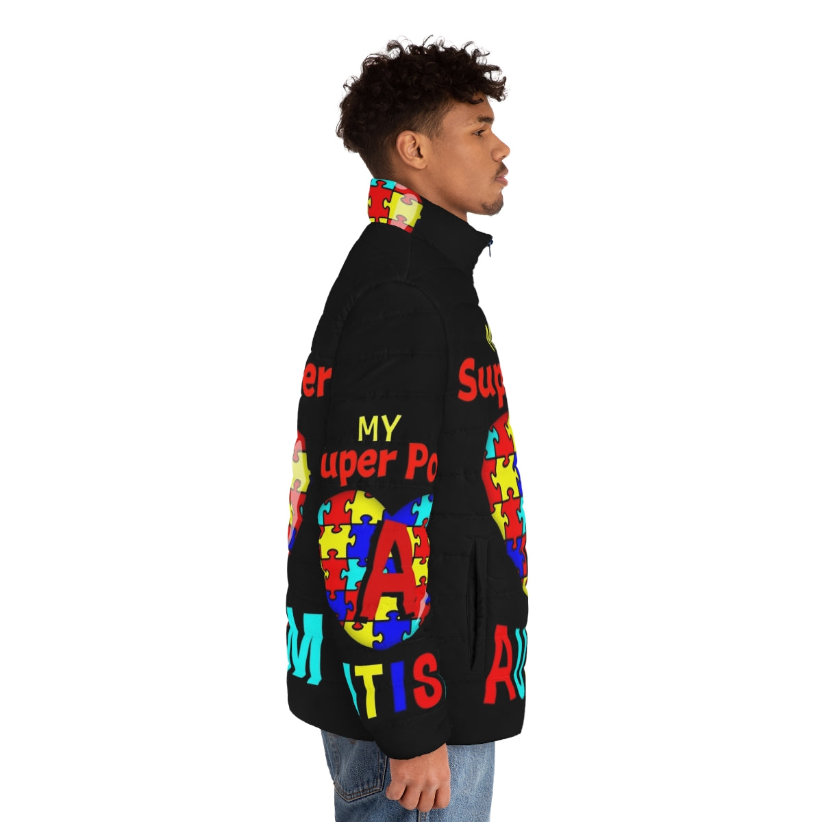 Autism Awareness My Super Power Puffer Jacket with puzzle pieces and heart - men side right