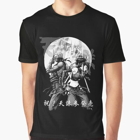 Ninja graphic t-shirt featuring anime-inspired design with samurai elements and Japanese symbols.