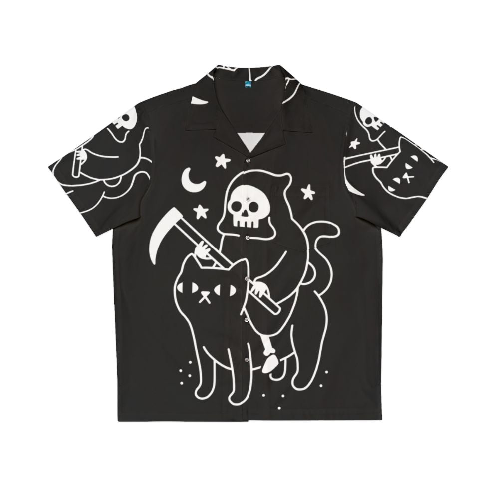 Spooky black cat Hawaiian shirt with skull and grim reaper design