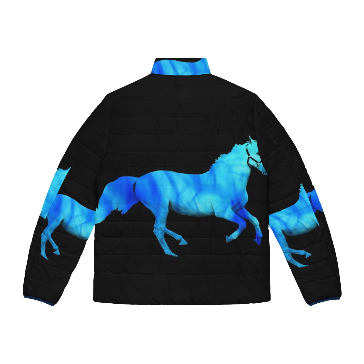 Flaming horse puffer jacket with a stallion graphic and vibrant blue color - Back