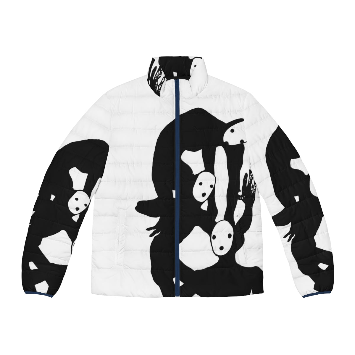 A black and white puffer jacket featuring the Tragedian character from the Pathologic video game.