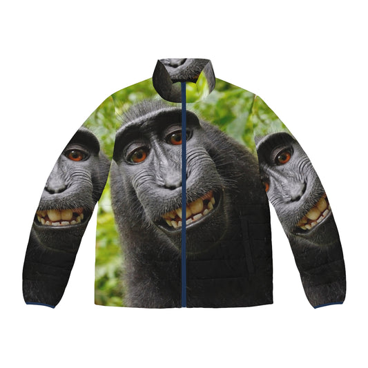 A cozy puffer jacket with a playful monkey design, perfect for outdoor adventures.