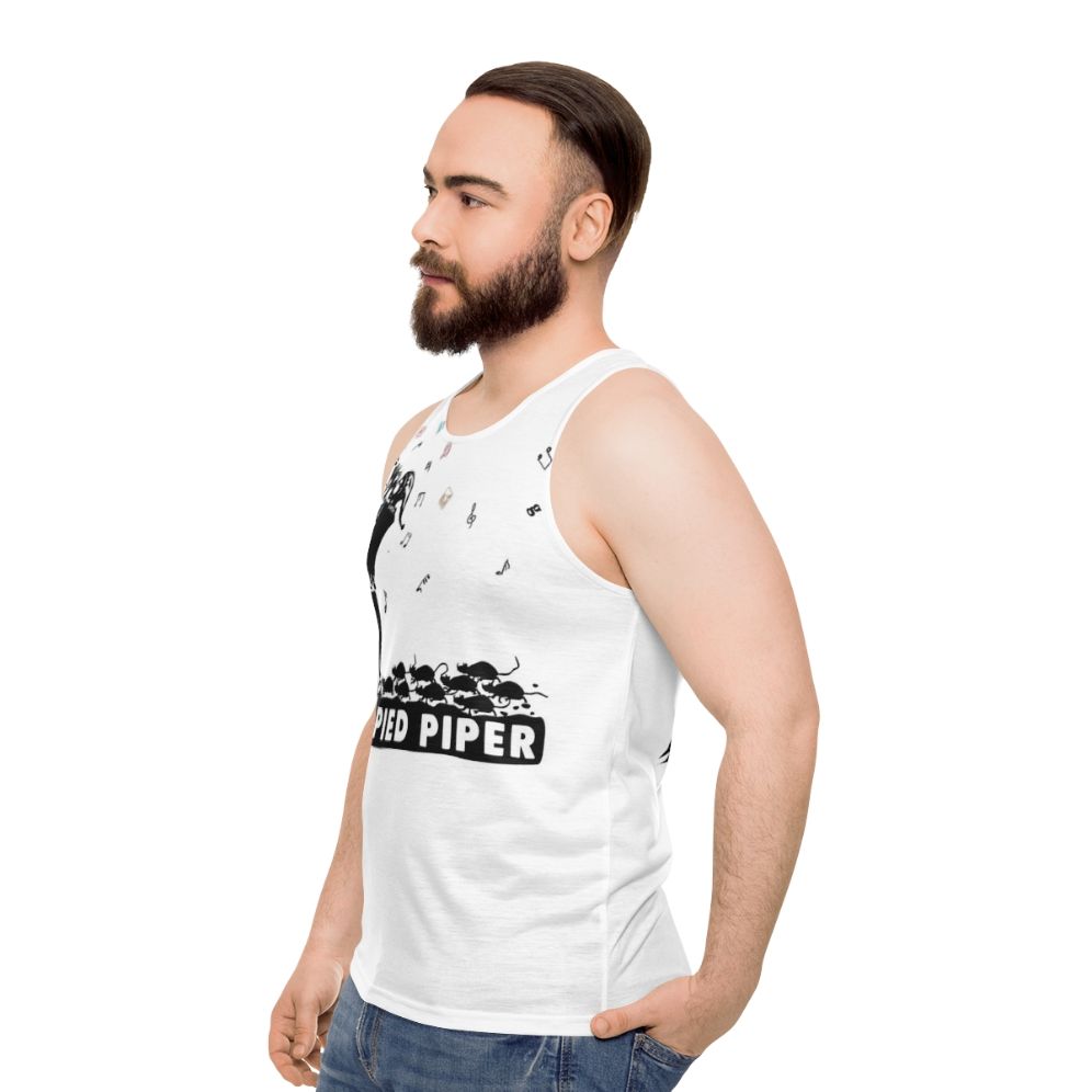 Pied Piper unisex tank top featuring a monotone, black and white design inspired by the classic fairy tale - men side