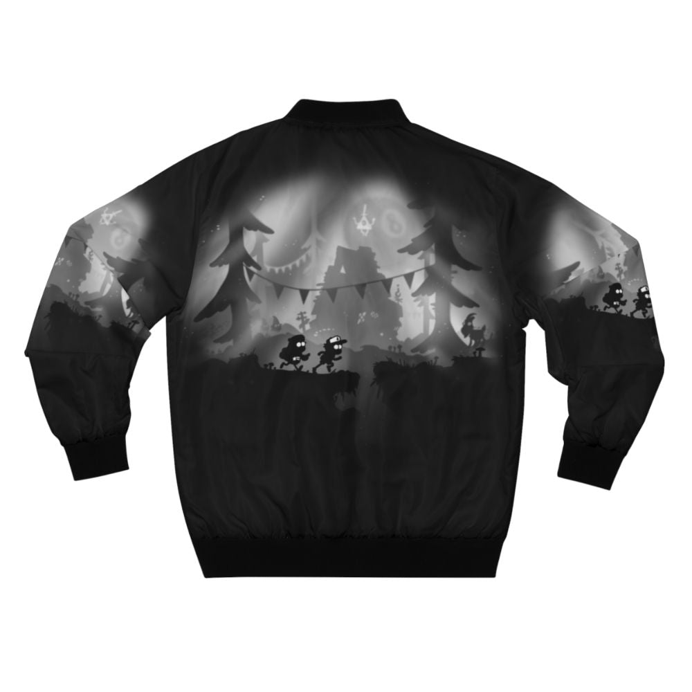 A bomber jacket featuring silhouettes of the Gravity Falls characters Dipper and Mabel against a backdrop of the Gravity Falls landscape. - Back