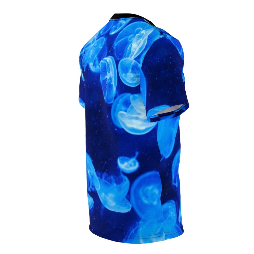 Stunning all-over print t-shirt featuring a colorful blue jellyfish design - men right