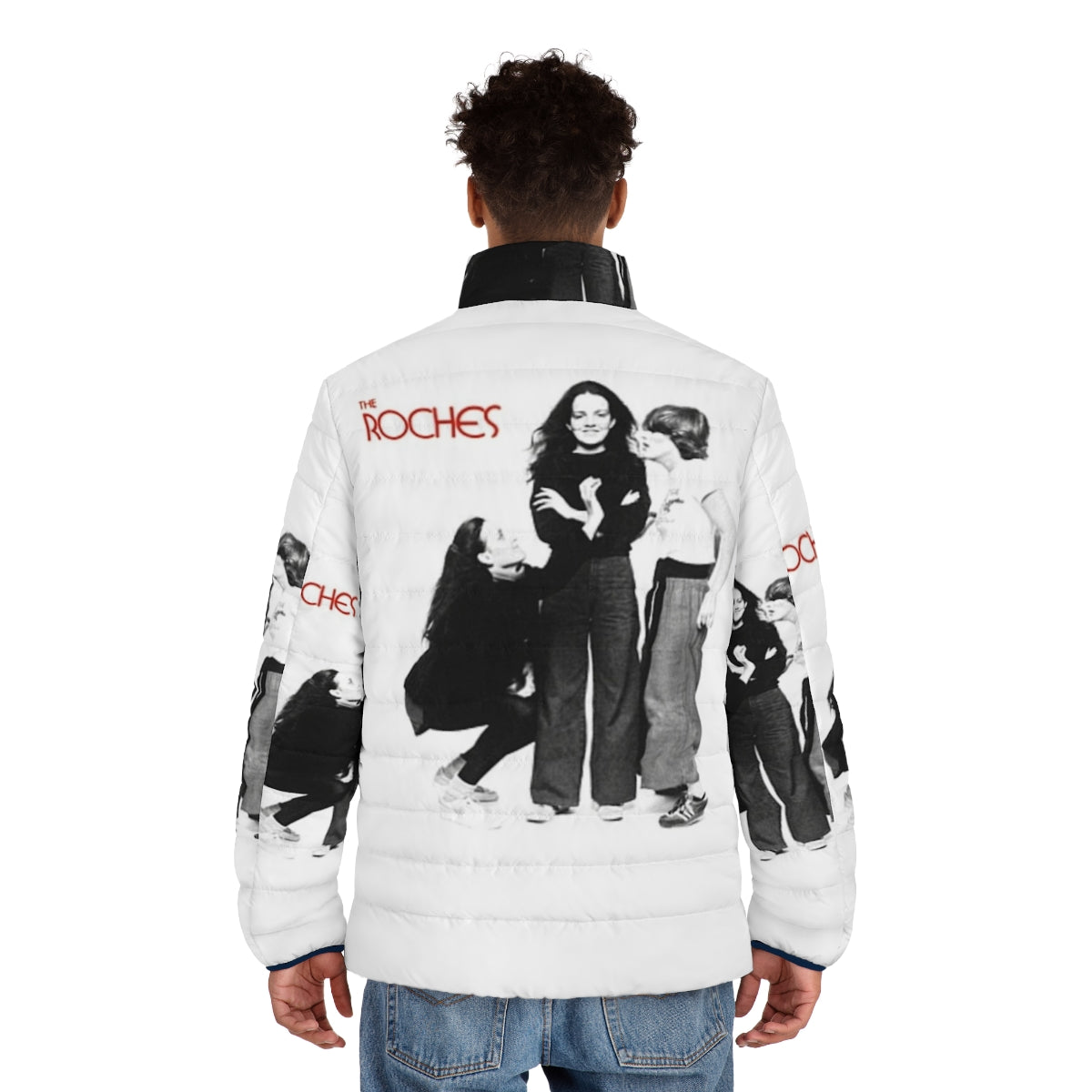 A cozy puffer jacket featuring the iconic folk band The Roches - men back