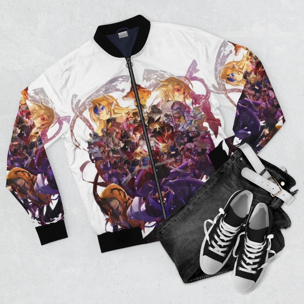 Blazblue Fighting Game Bomber Jacket with Characters Noel Vermillion, Ragna Bloodedge, and Hazama - Flat lay