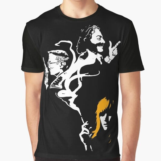 Disco Elysium noir-inspired graphic t-shirt featuring moody, black and smoke design with key characters like Harrier Du Bois, Kim Kitsuragi, and Harry.