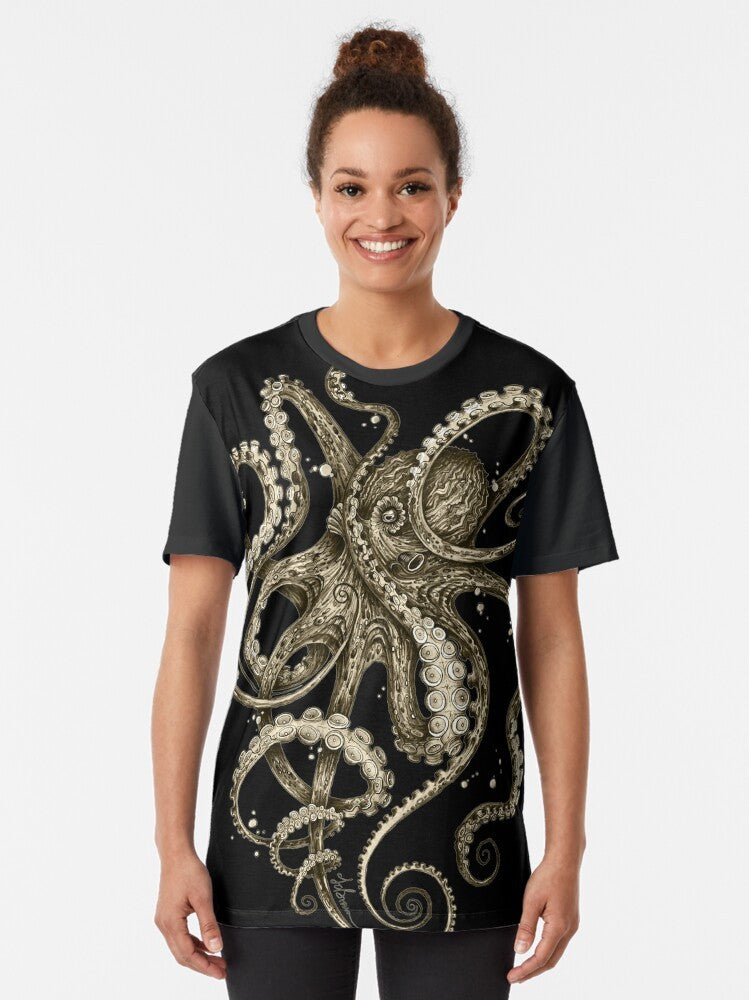 Psychedelic octopus graphic in sepia tones on a t-shirt - Women