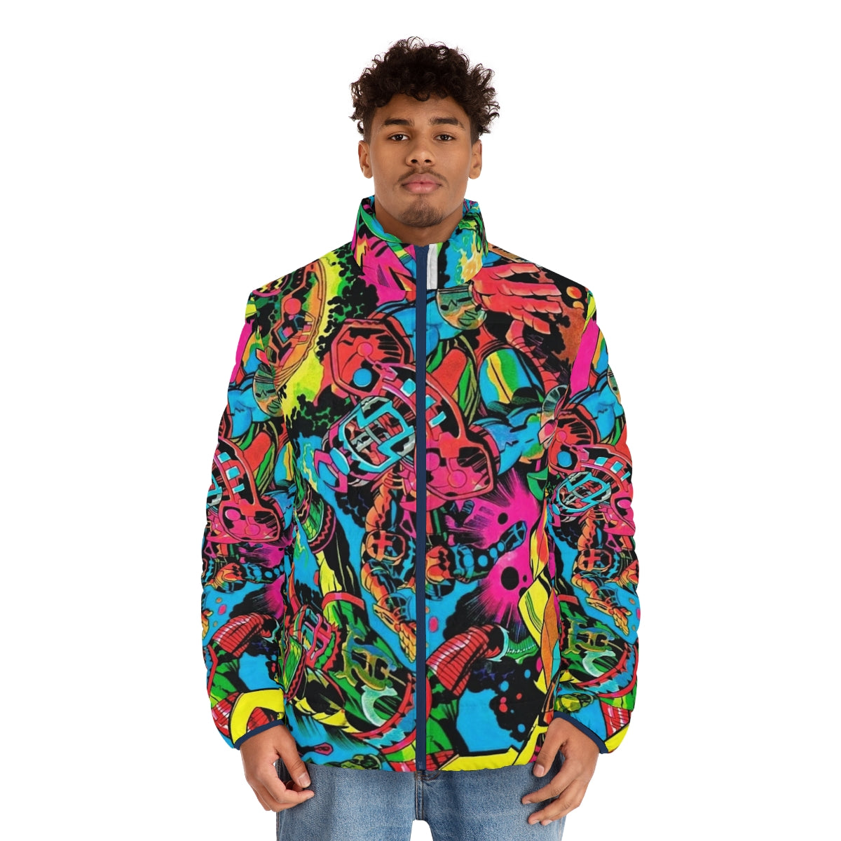 Kirby Puffer Jacket with Retro Comic-Inspired Pop Art Design - men front