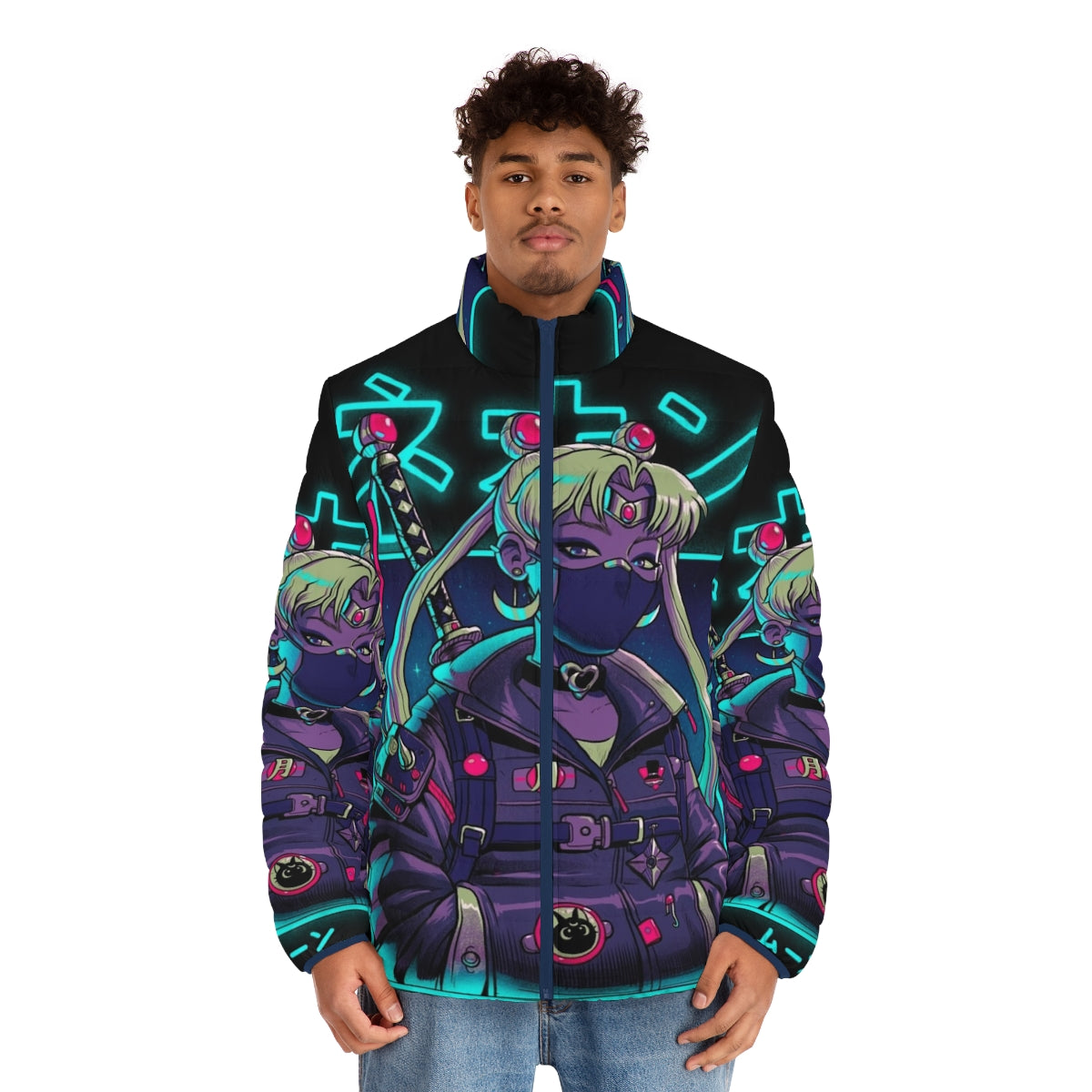 Neon puffer jacket with moon and samurai design - men front