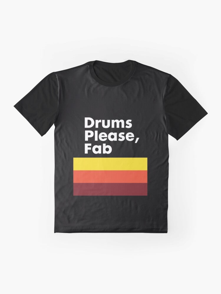 Graphic t-shirt with drums and "Drums Please" text, inspired by the indie band The Strokes. - Flat lay