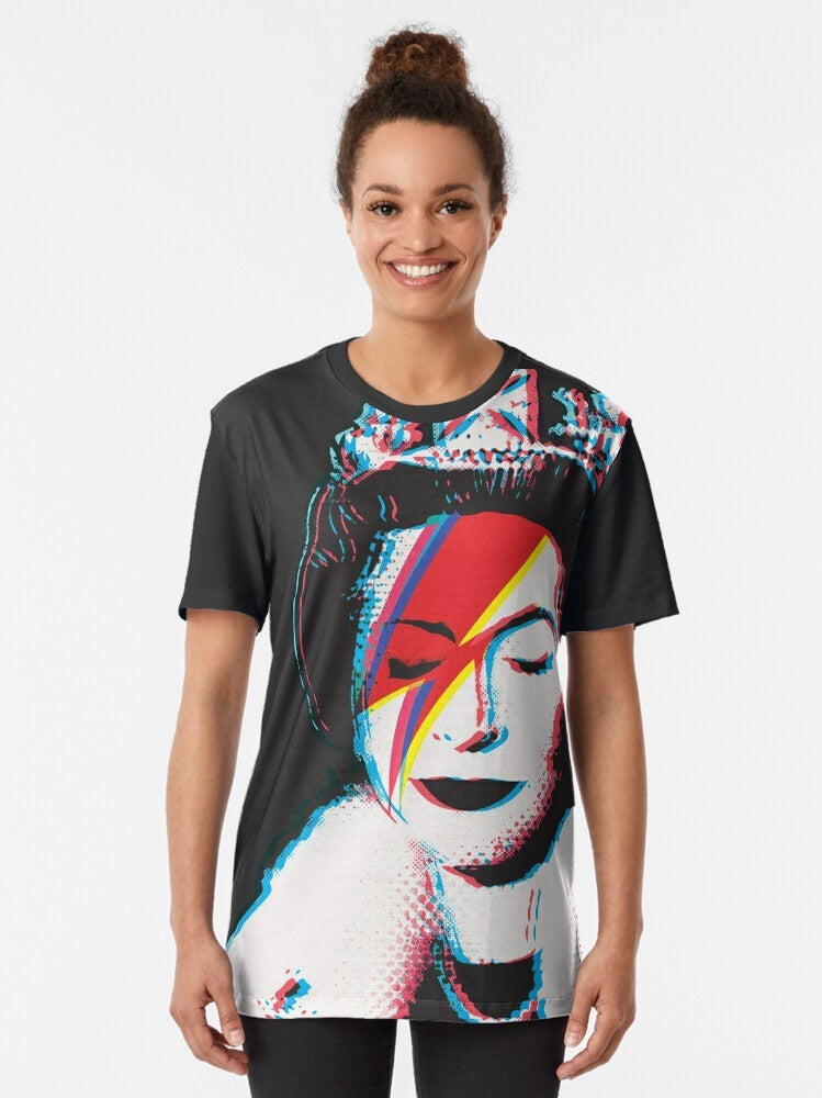 Banksy inspired graphic t-shirt featuring Queen Elizabeth with a music/urban art design in a retro 3D anaglyph style - Women