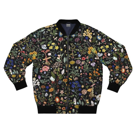 A colorful and healing botanical bomber jacket featuring a digital floral pattern with crystals, quartz, and leaves.