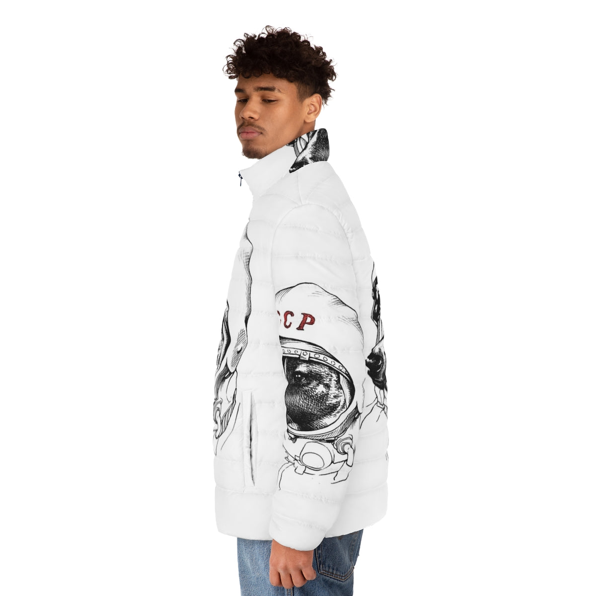 Laika Space Traveler Puffer Jacket featuring a dog in a spacesuit - men side left