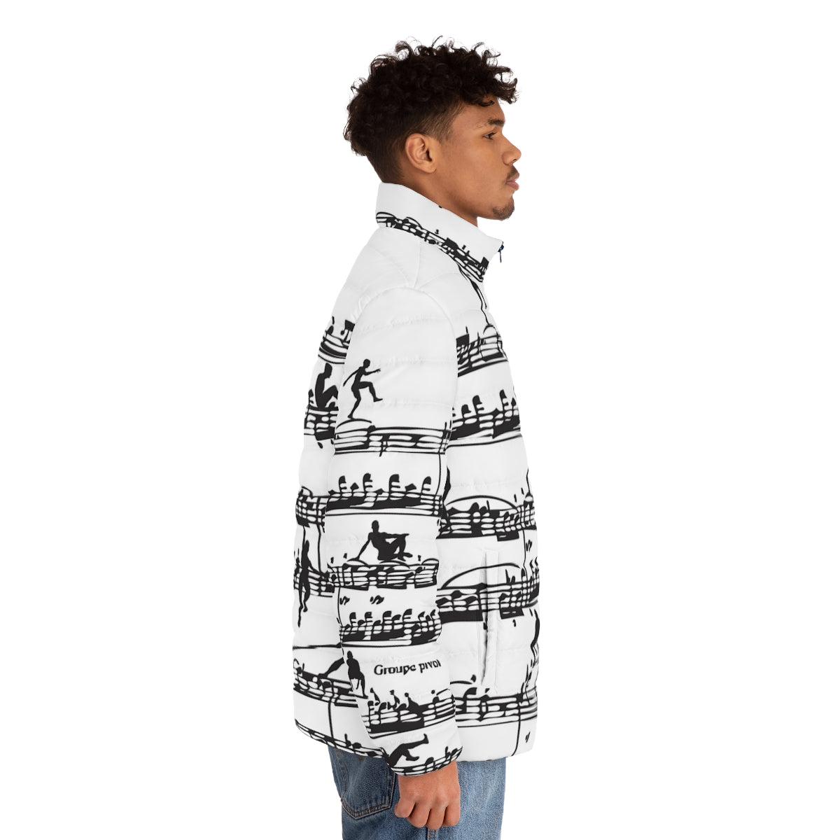 Illustration of Wolfgang Amadeus Mozart on a stylish men's puffer jacket - men side right