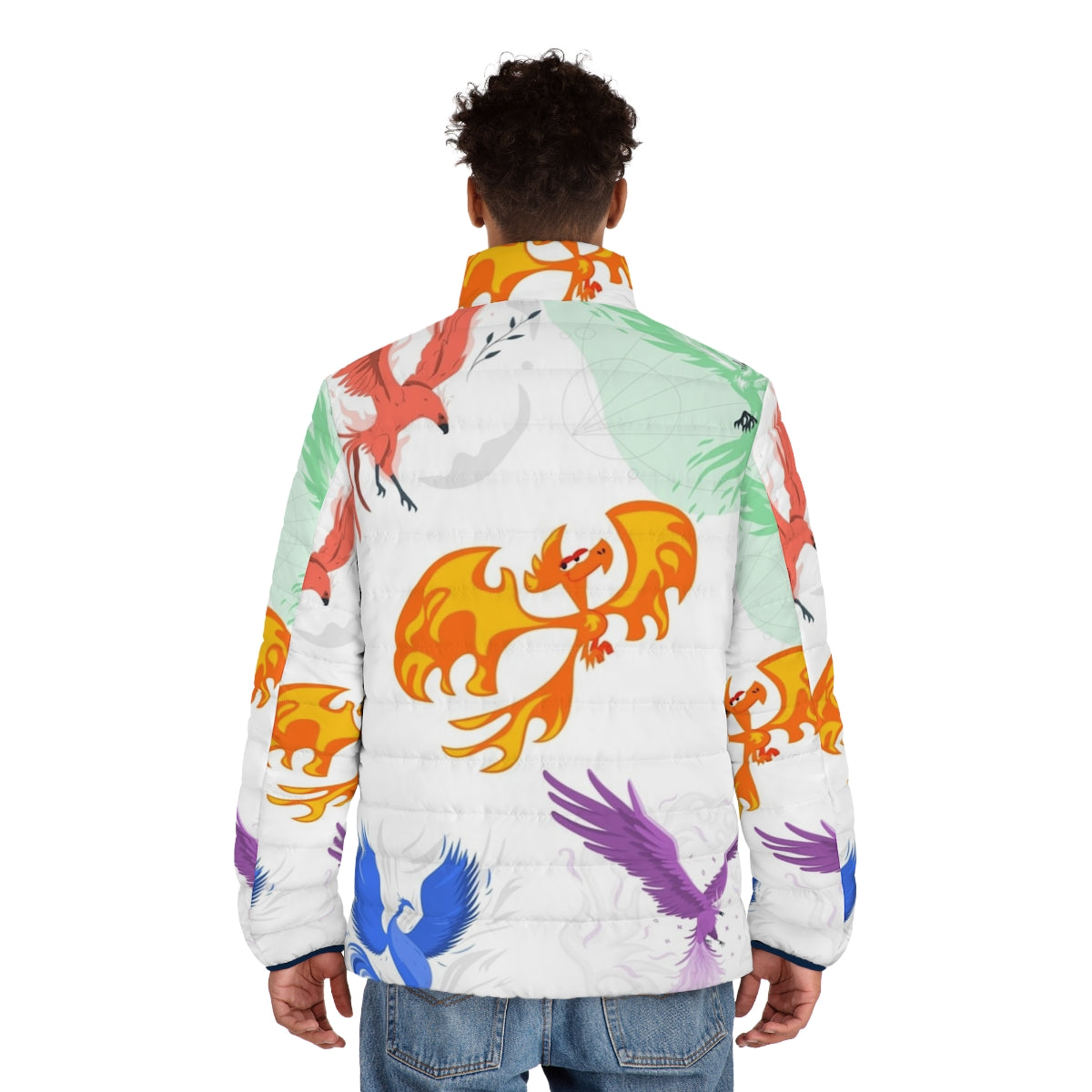 Puffer jacket featuring a majestic phoenix, a legendary mythical creature - men back