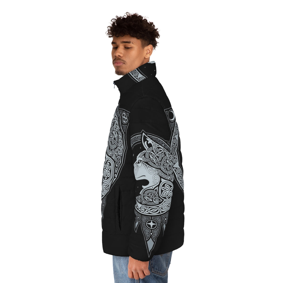 Norse Ulv Silver Puffer Jacket with Mystical Wolf Graphic - men side left