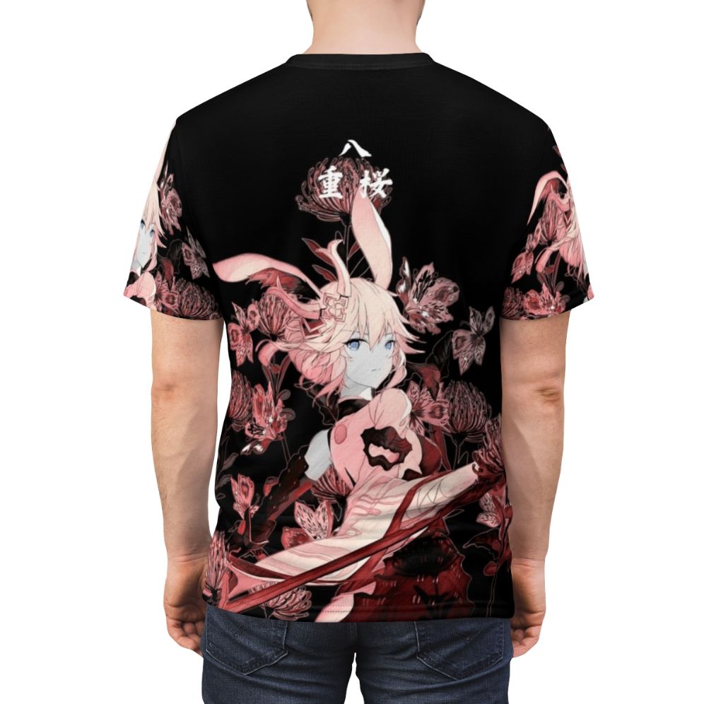 Illustration of a samurai warrior and red flowers on a t-shirt - men back