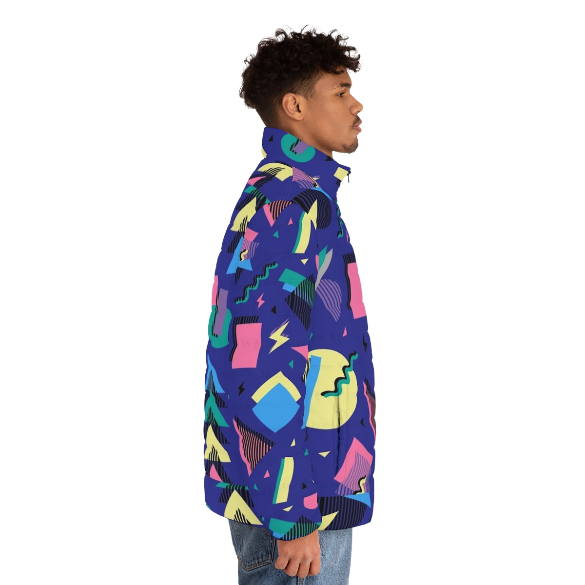 Geometric 90s design puffer jacket with pop art pattern and retro aesthetic - men side right