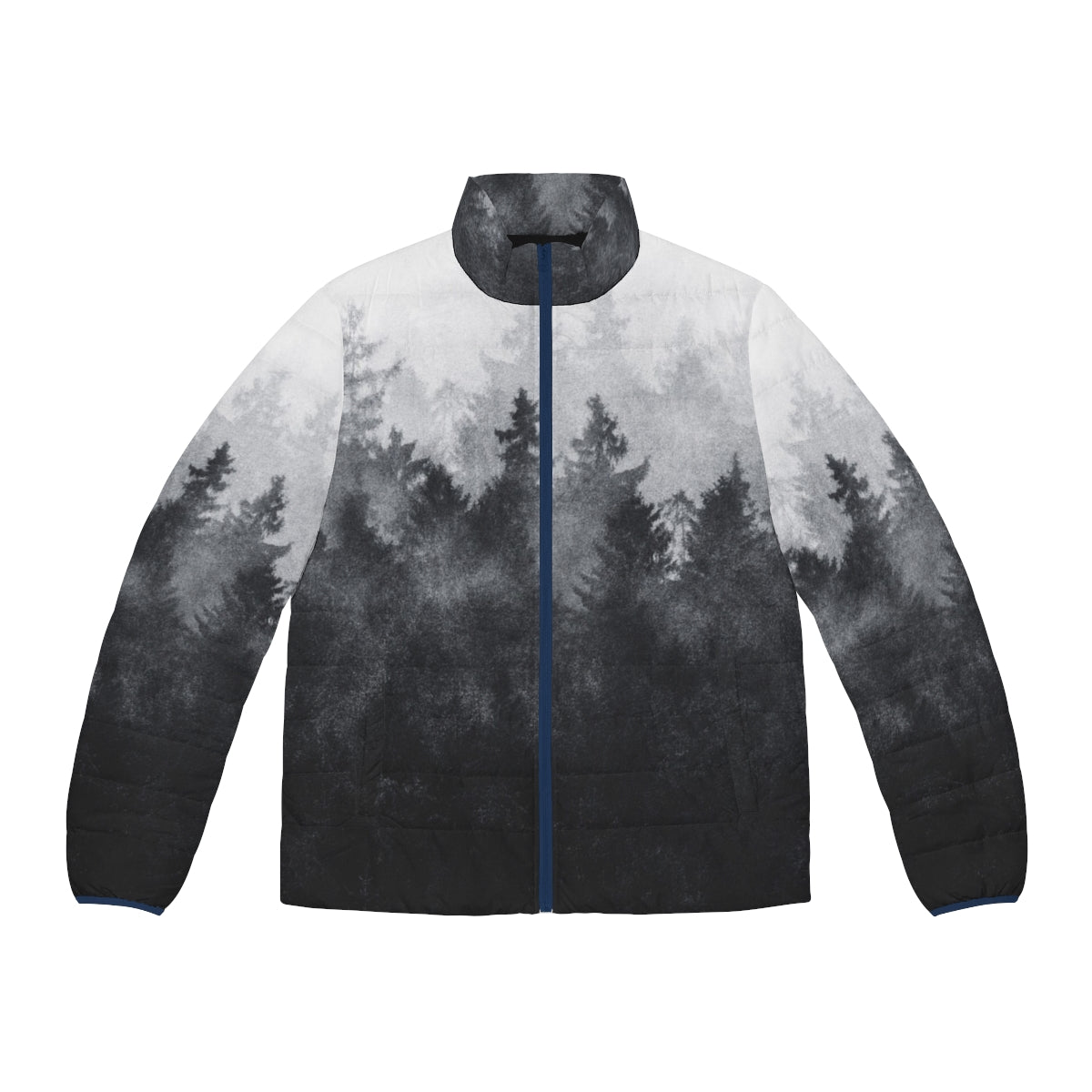 A vintage-inspired puffer jacket in a serene winter landscape