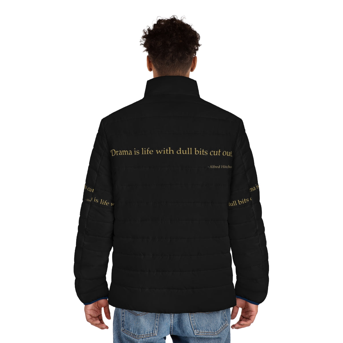 Alfred Hitchcock Quote Puffer Jacket with iconic film references - men back