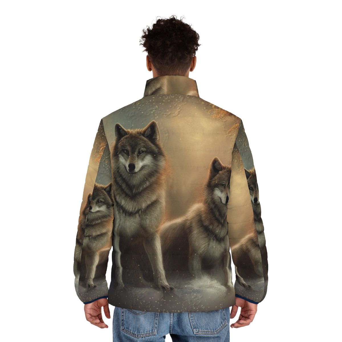 A warm puffer jacket featuring an original wolf design for winter outdoor activities - men back