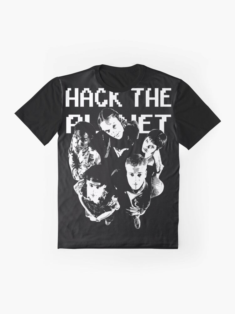 90s hackers graphic t-shirt with text "Hack the Planet" - Flat lay